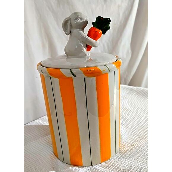 Rare Arlington Designs White Embossed Easter Canister Yellow Green Strips Easter - Picture 1 of 7